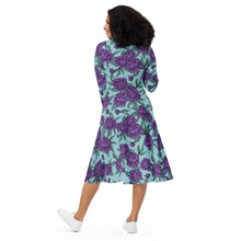 Load image into Gallery viewer, Peonies Purple long sleeve midi dress