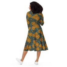 Load image into Gallery viewer, Peonies Yellow long sleeve midi dress