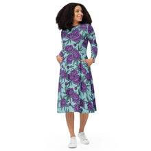 Load image into Gallery viewer, Peonies Purple long sleeve midi dress