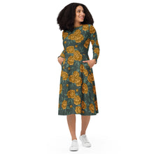 Load image into Gallery viewer, Peonies Yellow long sleeve midi dress