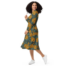 Load image into Gallery viewer, Peonies Yellow long sleeve midi dress