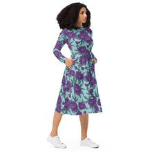 Load image into Gallery viewer, Peonies Purple long sleeve midi dress