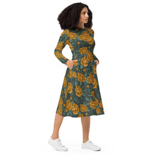 Load image into Gallery viewer, Peonies Yellow long sleeve midi dress